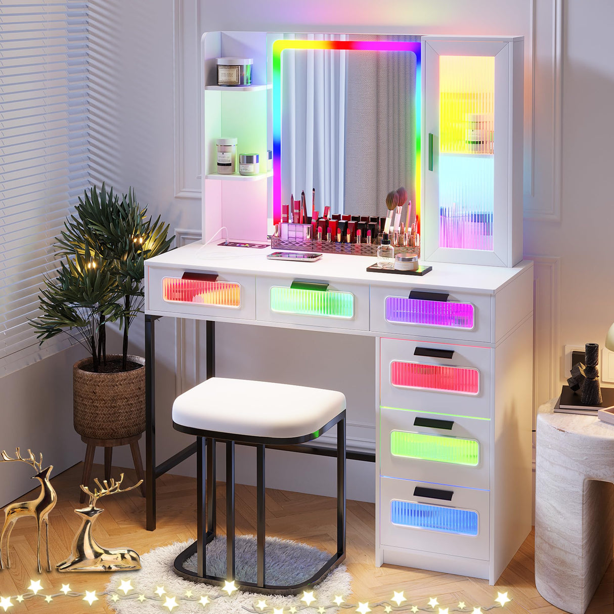 HNEBC RGB Vanity Desk with Mirror and Lights, LED Vanity Makeup Desk with USB/Wireless Charger Station, Vanities Dressing Table Sets with 6 Drawers/Cabins/Stool/Shelves for Bedroom&Cloakroom(White) HNEBC