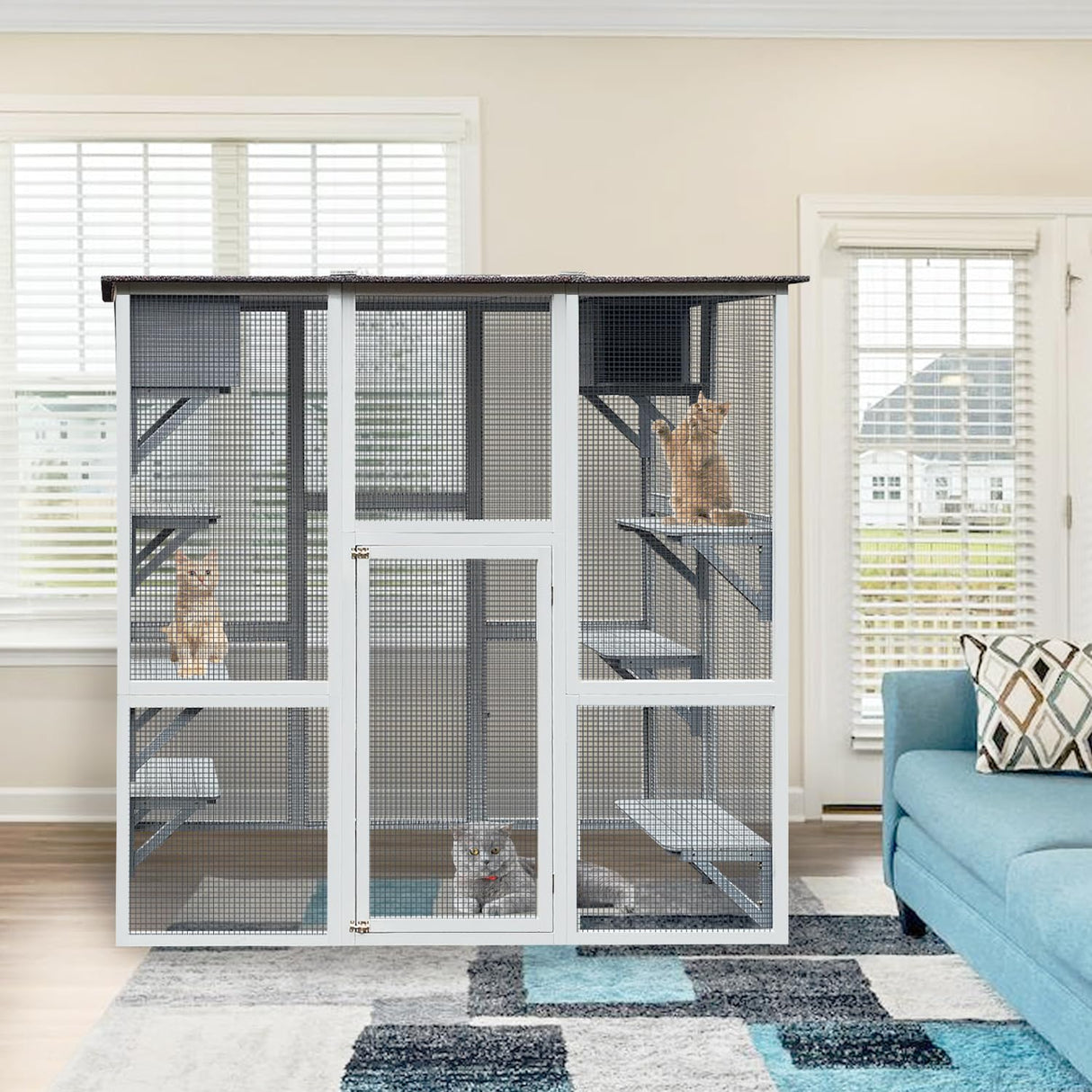 Miscoos Outdoor Wooden Cat Catio - Large Solid Wood Cat Cage Playpen with 8 Jumping Platforms & 2 Napping Houses, Walk-in Cat Kennel Condo Shelter, White Miscoos