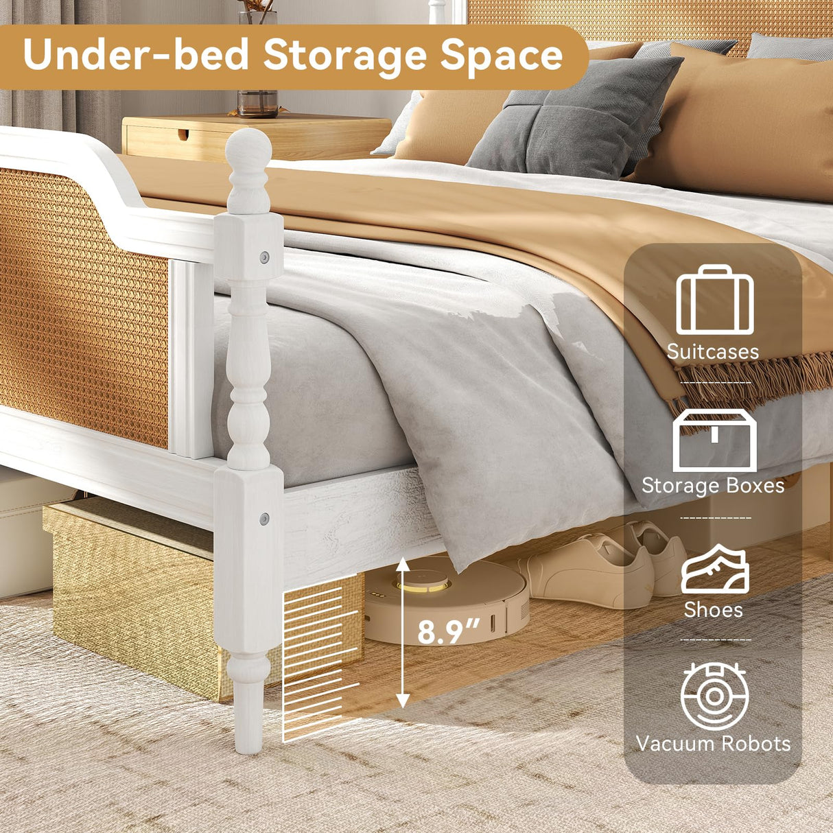 Rattan Queen Bed Frame, Queen Size Platform Bed Frame with Natural Headboard and Footboard, Boho and Mid Century Style, Solid Pine Wood, No Box Spring Needed, Easy Assembly, Antique White/Walnut WATHPUR