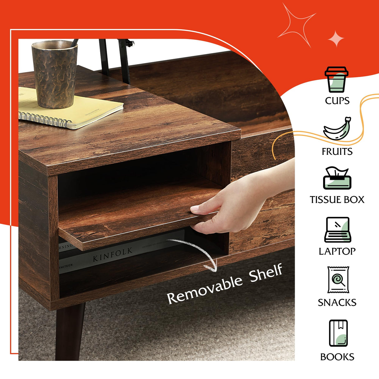 WLIVE Coffee Table for Living Room, Lift Top Coffee Table with Storage,Small Modern Living Room Table with Adjustable Shelf and Storage CompartmentWood, Rustic Brown WLIVE