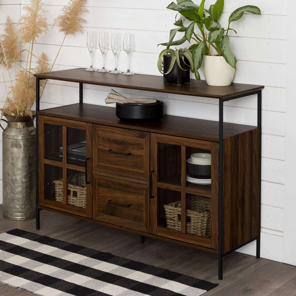 Walker Edison Furniture AZU48RAD3DDW Industrial 3-Door Buffet Sideboard for Kitchen-Dining Room, 48, Dark Walnut Walker Edison