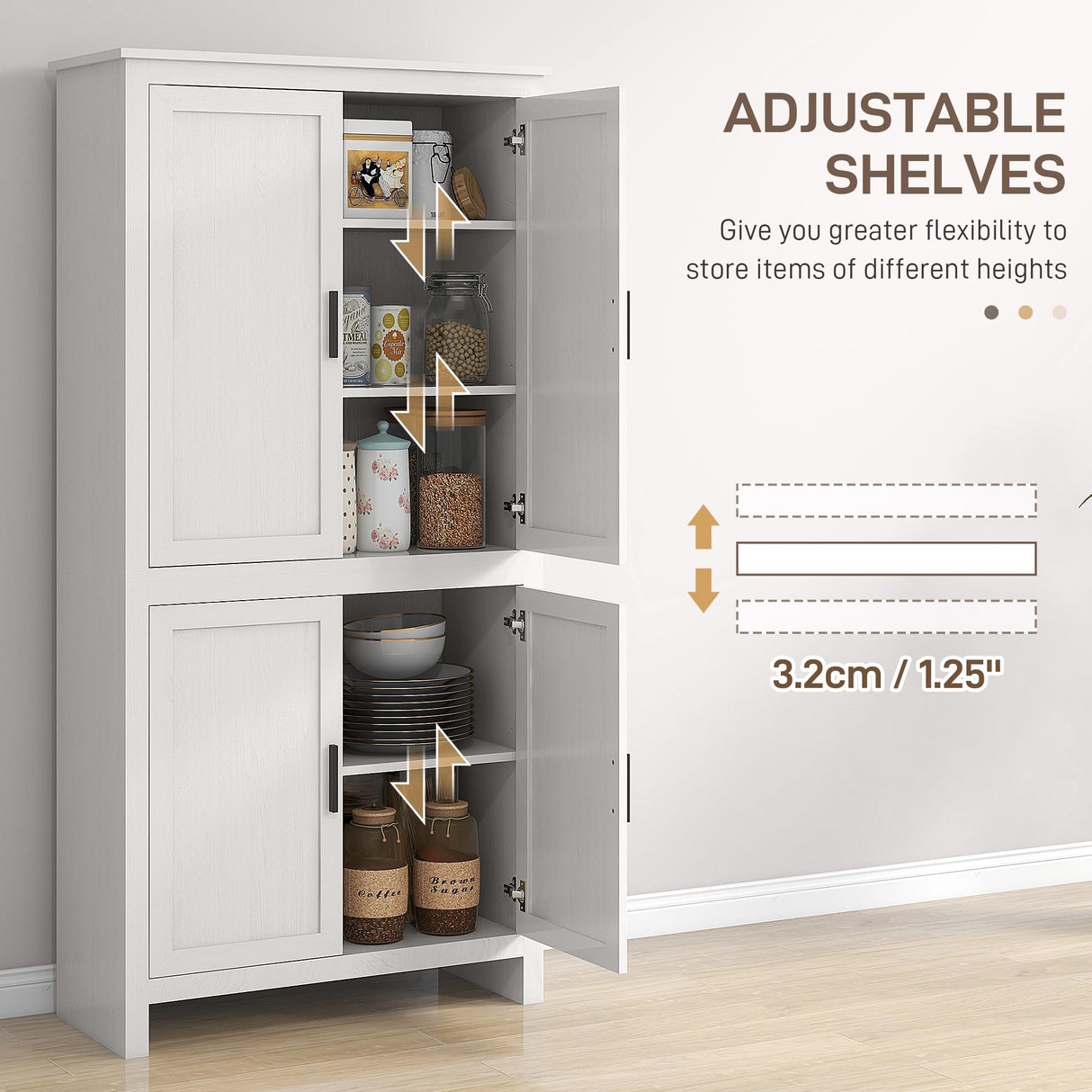 HOMCOM 64" Kitchen Pantry Cabinet, Freestanding Storage Cabinet with 4 Doors and 3 Adjustable Shelves for Dining Room, Antique White HOMCOM