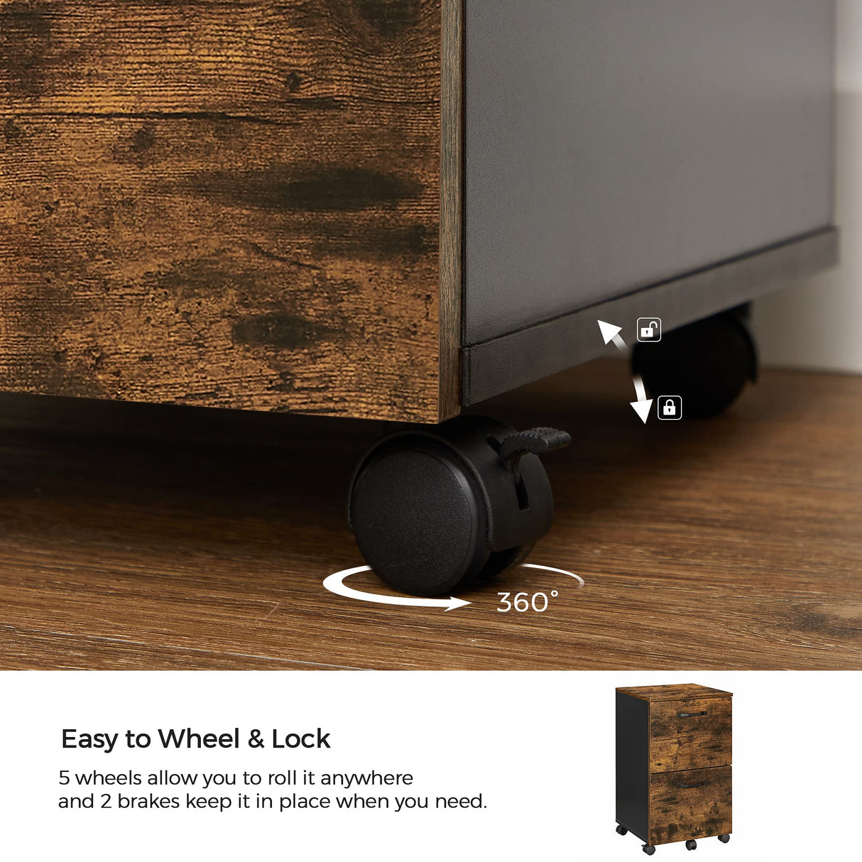 VASAGLE 2-Drawer File Cabinet, Filing Cabinet for Home Office, Small Rolling File Cabinet, Printer Stand, for A4, Letter-Size Files, Hanging File Folders, Modern Style, Rustic Brown, Black UOFC040B01 VASAGLE