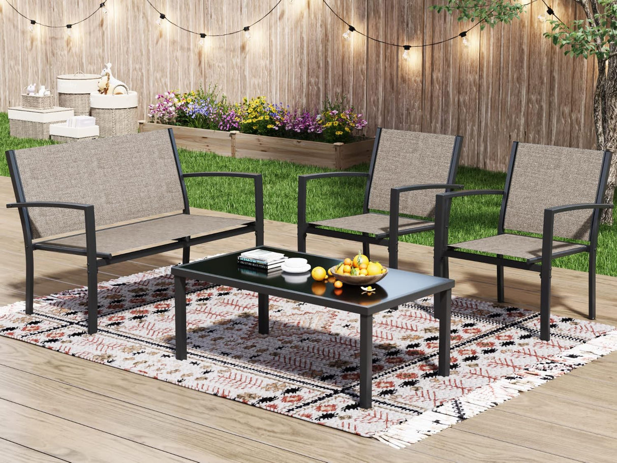 Greesum 4 Pieces Patio Furniture Set, Outdoor Conversation Sets for Patio, Lawn, Garden, Poolside with A Glass Coffee Table, Brown Greesum