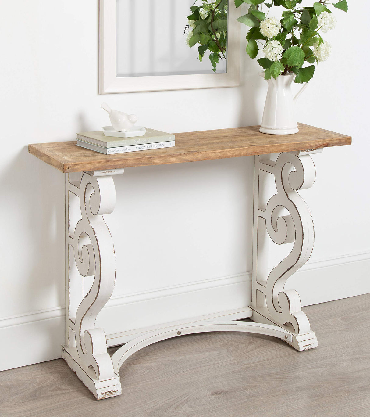 Kate and Laurel Wyldwood Country French Solid Wood Console Table - Rustic/White Legs - Natural Wood Top Kate and Laurel