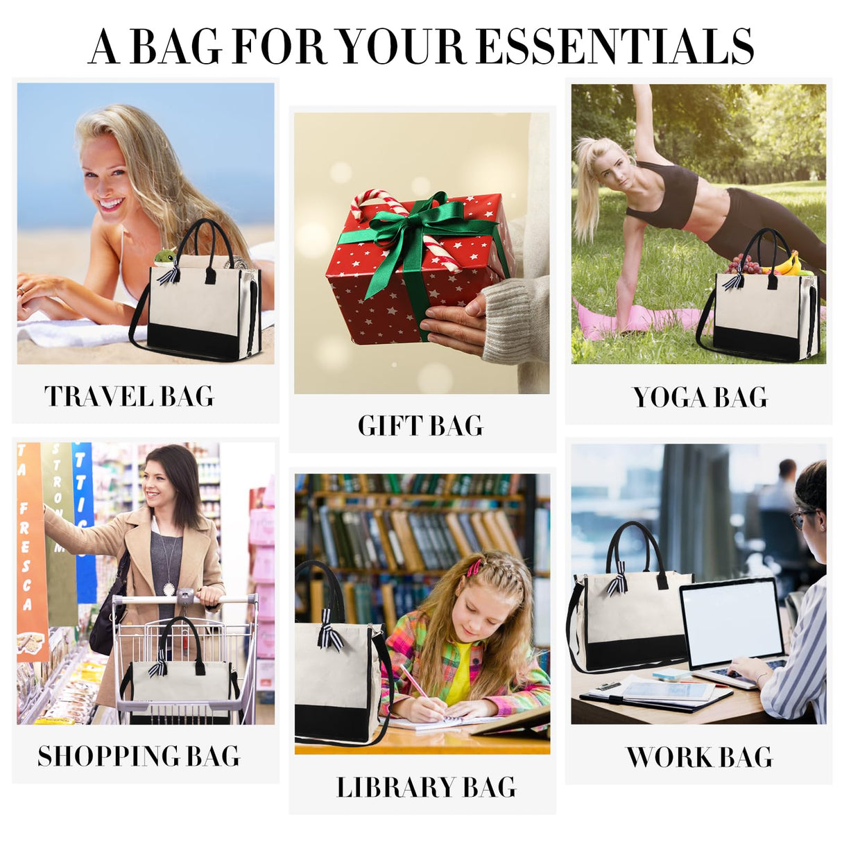 yeload 6 Pieces Canvas Tote Bags with Handles Shoulder Strap - Black and White Blank Sublimation Tote Bags for Women, Bridesmaids, and Daily Use - Bulk Zipper Tote Bags for DIY Crafts and Gifts yeload