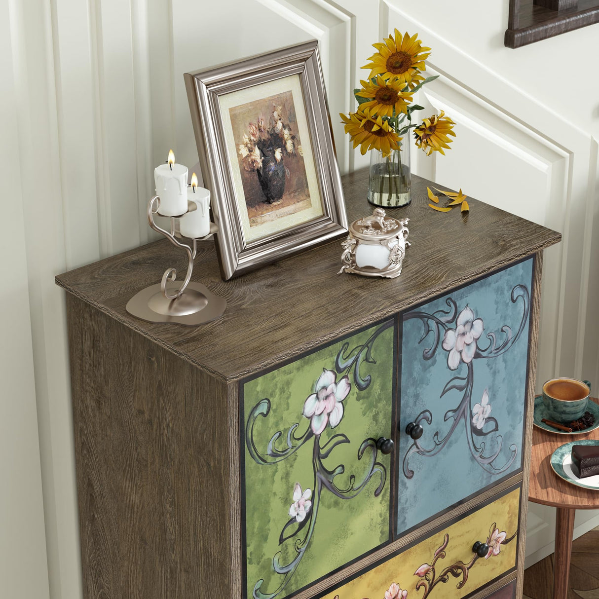finetones Wood Dresser Chest of Drawers, Tall Dresser Boho Dresser with Drawers and Doors, 16.1D x 23.6W 42.3H Inch Wood Dresser Accent Dresser for Home Office finetones