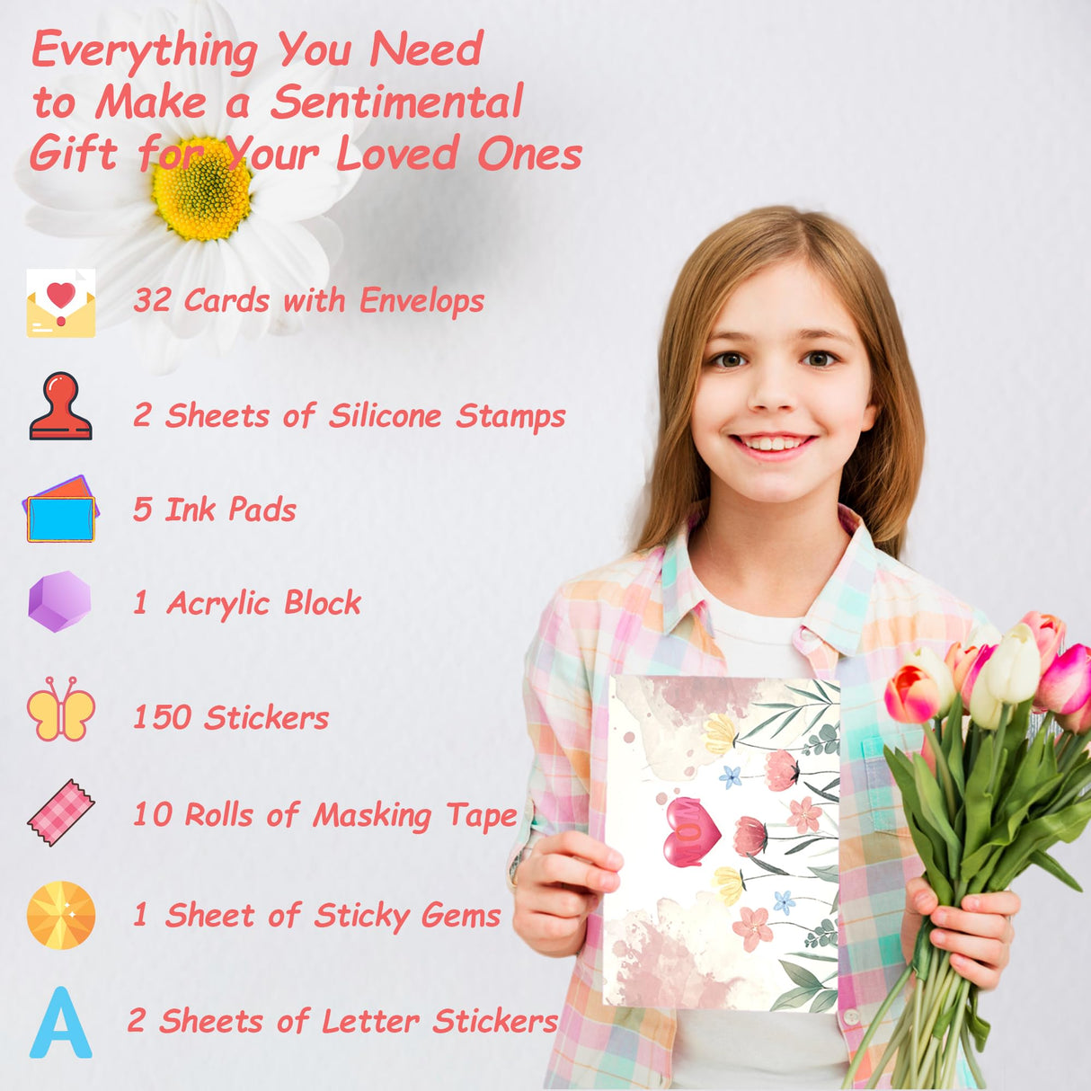 Card Making Supplies, Card Making Kit For Adults And Kids, 32 Blank Greeting Cards & Envelopes With Reusable Stamps DIY Greeting Card Set - Thank You Birthday Mother's Day Christmas Congradulation Fevanlion