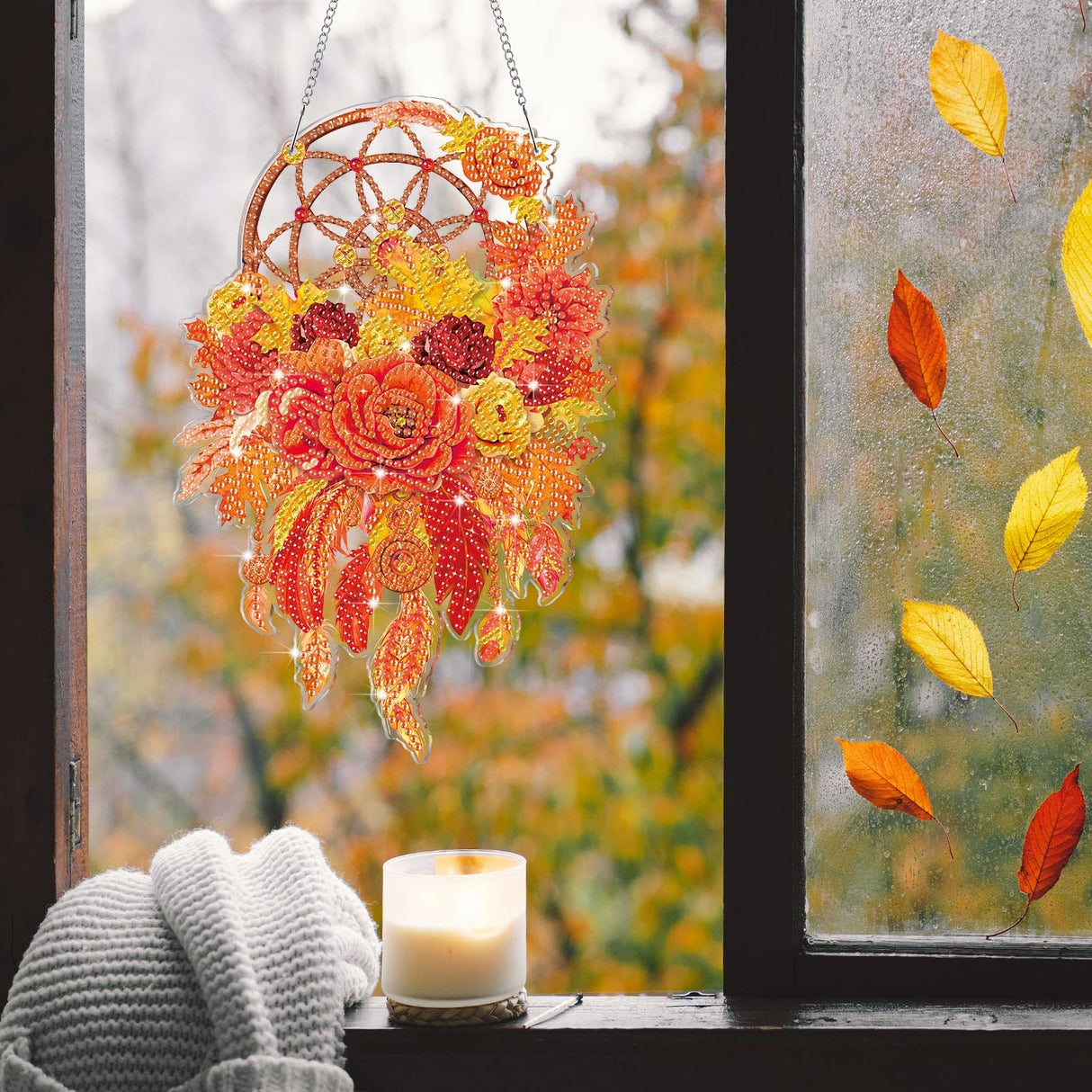 Saillong 2 Pcs Fall Thanksgiving Diamond Art Hanging Kits for Adults DIY Thanksgiving Diamond Painting Suncatcher Fall Pumpkin Dream Catcher Hanging Decor Autumn Wind Chime Decor for Home Wall Window Saillong