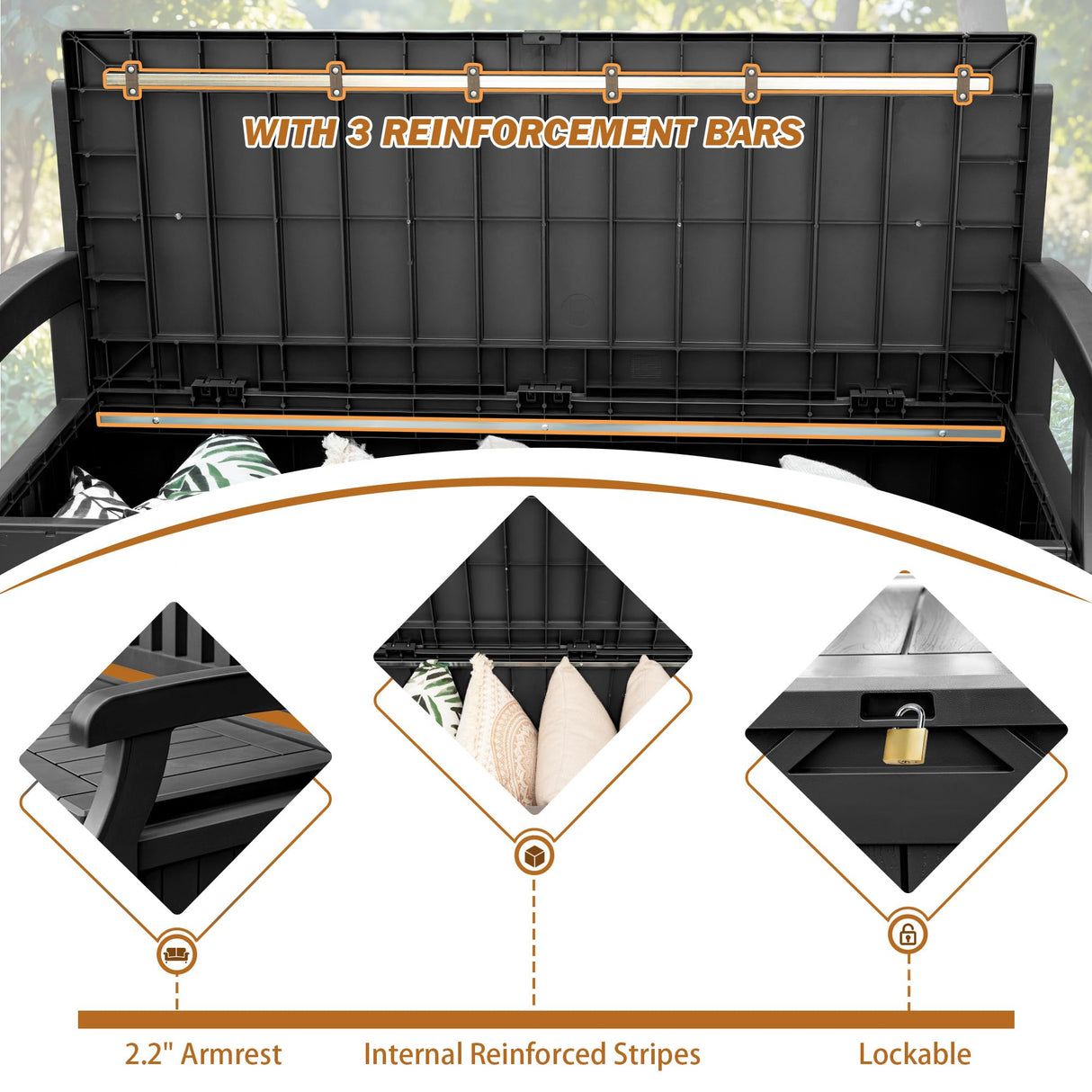 Devoko 80 Gallon Storage Bench Deck Box Lockable for Patio Furniture, Garden Decor and Outdoor Seating for Cushions, Garden Tools and Pool Supplies (Black) Devoko