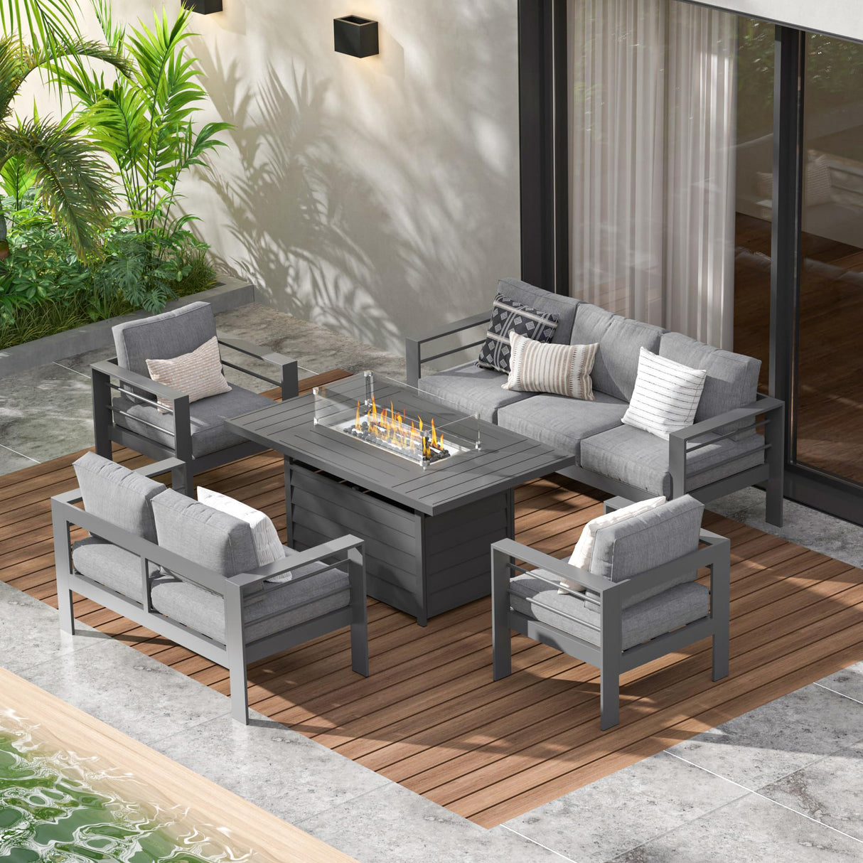 Wisteria Lane 7 Seats Aluminum Outdoor Patio Furniture Set with 54 Inch Propane Gas Fire Pit Table, Modern Patio Conversation Sets with Outdoor Sectional Couch for Backyard, Garden, Dark Grey Wisteria Lane