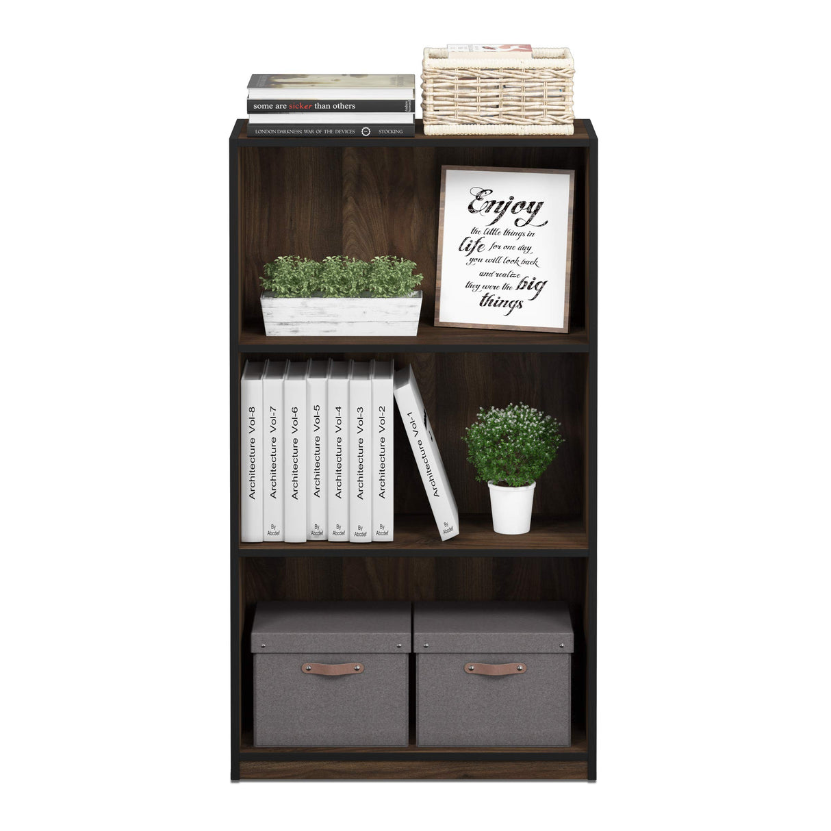 FURINNO Basic 3-Tier Bookcase Storage Shelves, Columbia Walnut FURINNO
