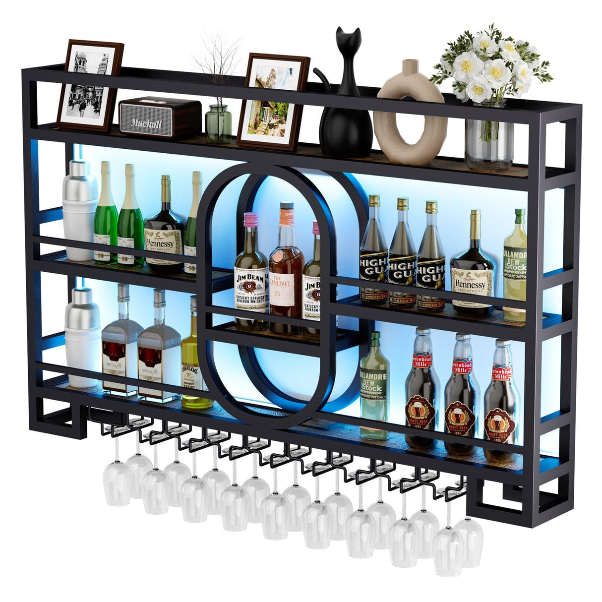 3-Tiers 47in Wine Rack Wall Mounted with LED Light, Floating Bar Shelves for Liquor Bottles Metal Industrial Display Shelf for Home Kitchen Bar Cafe Decoration, No Assembly Required Boshen