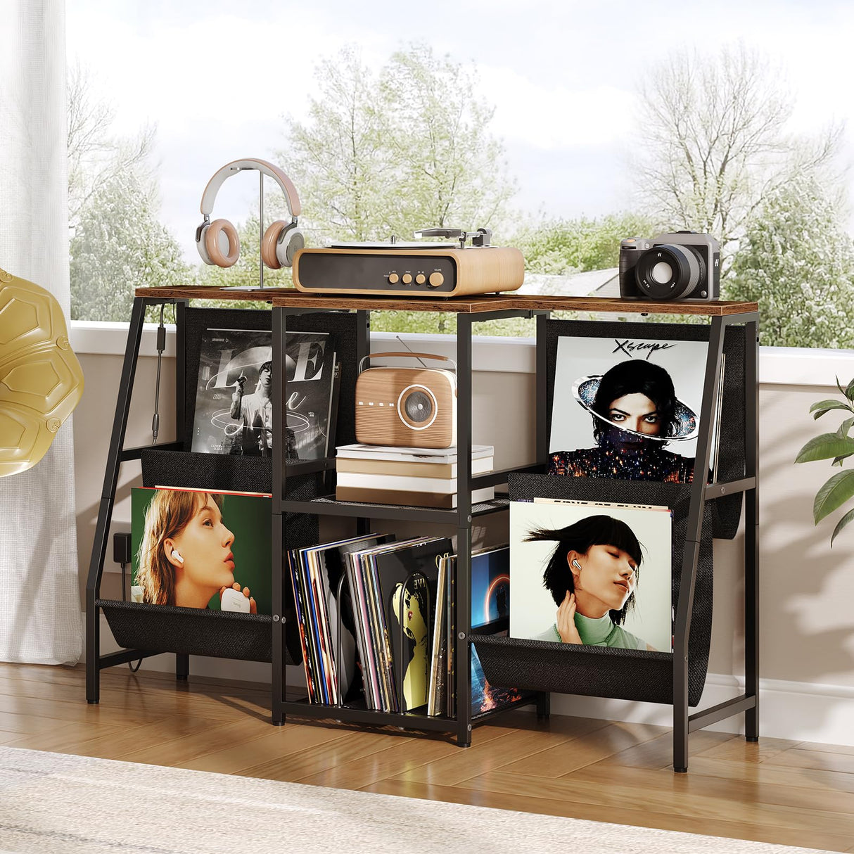 HOOBRO 4-Tier AV Media Stand with LED Light, Media Shelf Cabinet, Wooden Stereo Cabinet for Record Player, Entertainment Center, Game Console, Vinyl Record Storage, Rustic Brown BF114DCJ01 HOOBRO