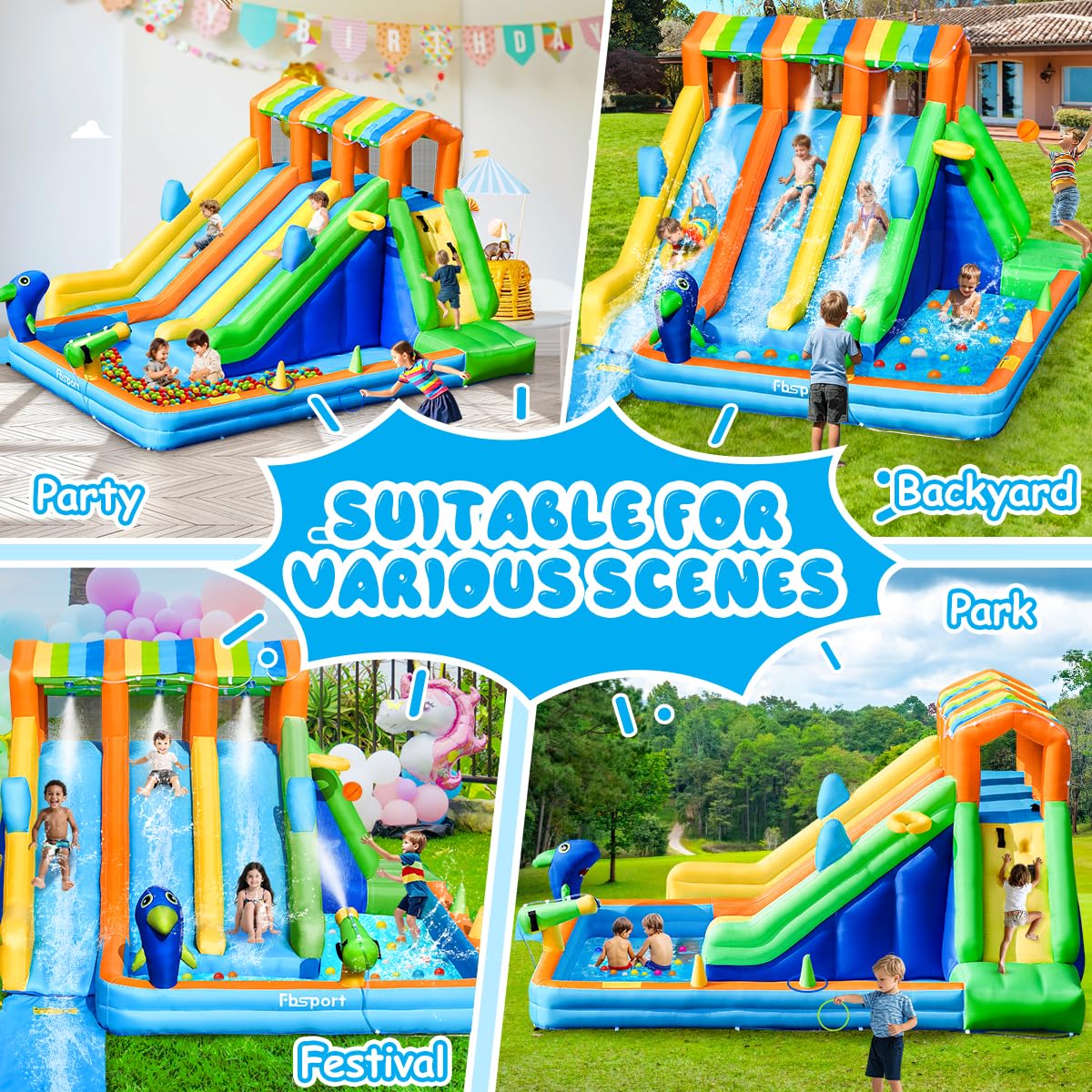 FBSPORT Inflatable Water Bounce House, Large Bounce Castle with 3 Slide for Kids, Inflatable Water Slide with Splash Pool, Climbing, Toss Rings, Basketball Hoop, Bouncy House for Outdoor Indoor FBSPORT