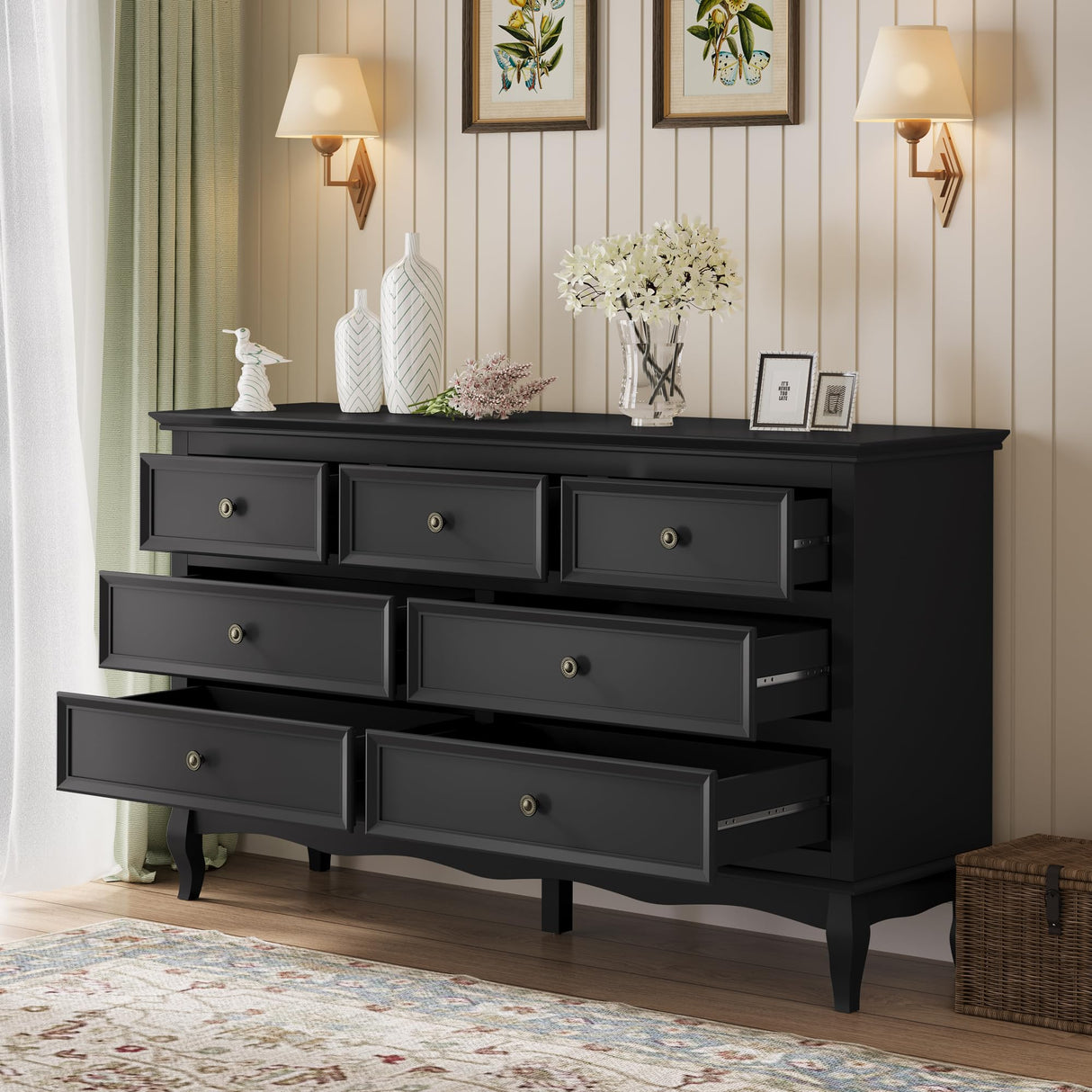 RoyalCraft Dresser for Bedroom, 7 Drawers Dresser with Distinctive Wooden Legs & Black Paint Finish, Black Drawer Dresser with Spacious Storage Space for Bedroom, Hallway RoyalCraft