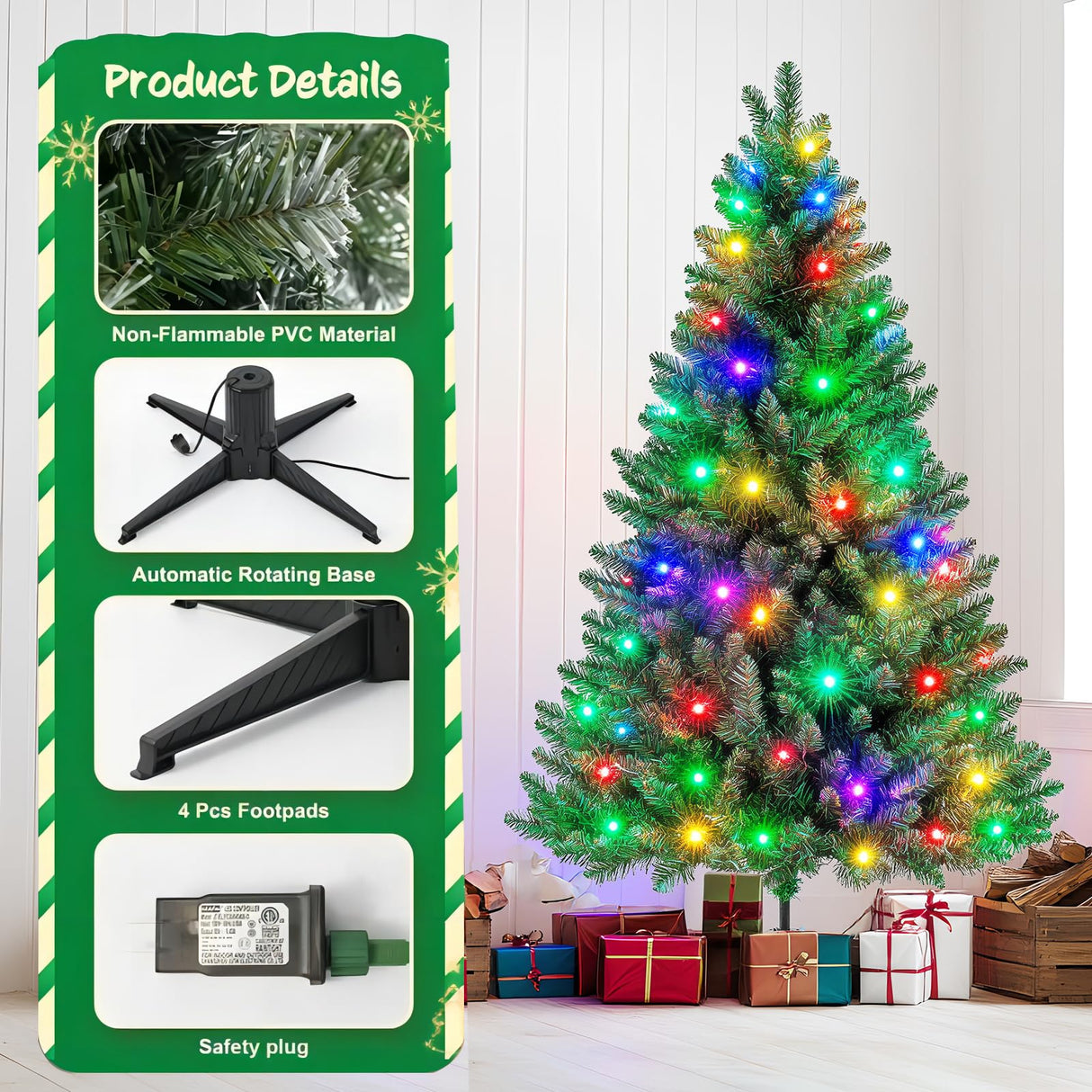 MIMIRGB 6Ft Rotating Artificial Christmas Tree, 360° Spinning Christmas Tree Stand with Remote Control and Timer W/300 Warm LED Lights MIMIRGB