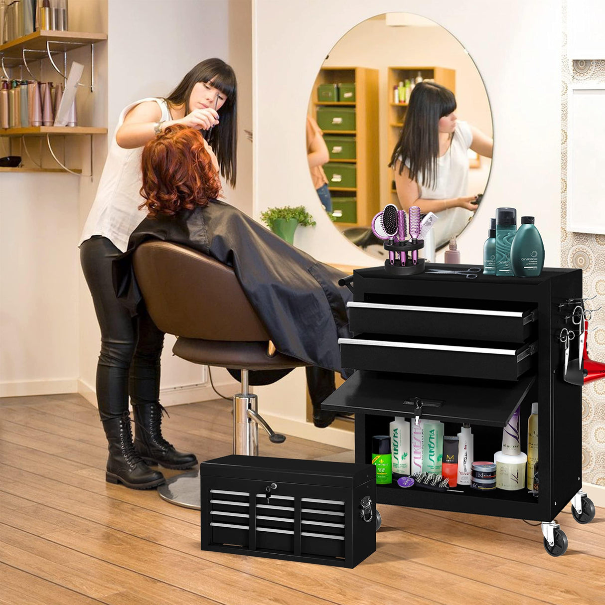 Greenvelly Metal Tool Chest,8-Drawer Rolling Tool Chest with Wheels,Tool Cabinet with Wheels,2 in 1 Detachable Tool Cabinet,Liners and Locking System for Warehouse, Garage,Workshop,(BLACK) Greenvelly