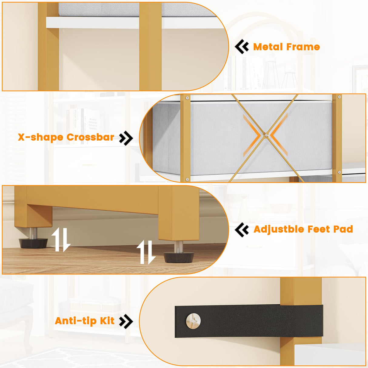 Semoic 83.5" Tall Arched Bookshelf, Triple Wide 6-Tier Large Open Book Shelf with 3 Drawers Storage, Etagere Bookcase with Display Shelf, Industrial Bookshelf with Metal Frame for Living Room, Gold Semoic