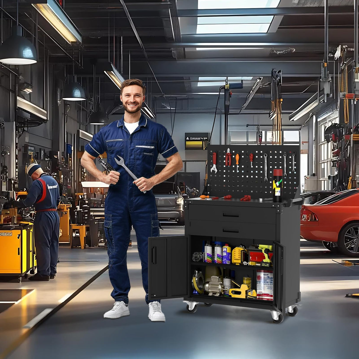 35.4" Tall Heavy-Duty Steel Rolling Tool Cabinet, Mobile Workbench with 2 Deep Drawers, Pegboard, Adjustable Shelves & Locking Casters, Garage Workshop Warehouse Storage Organizer Tioutbot