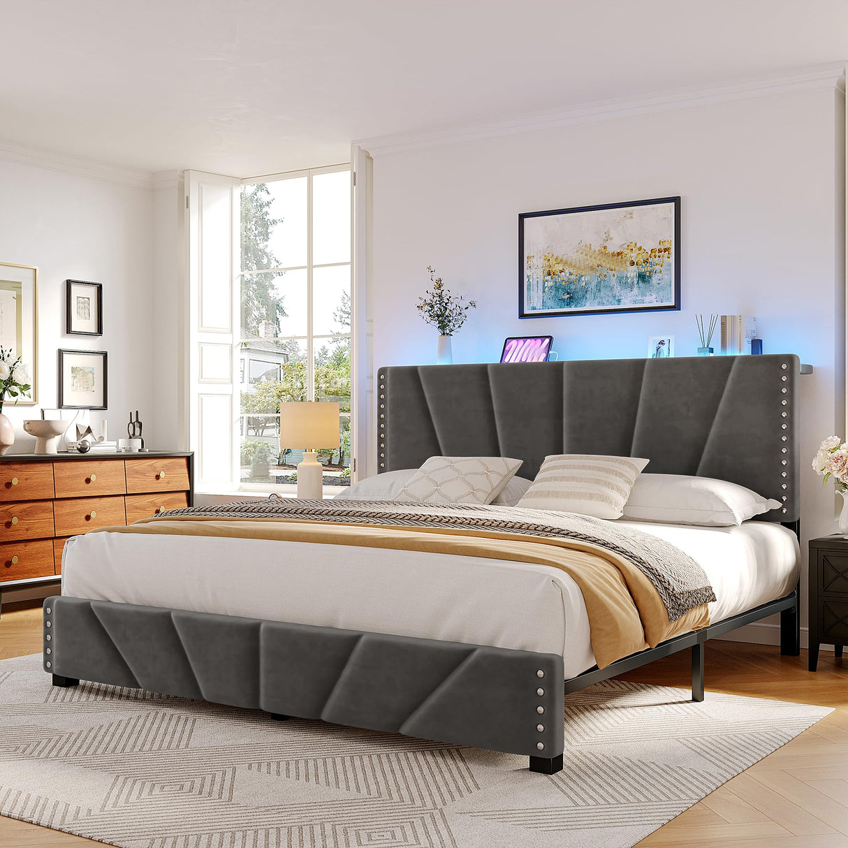 EnHomee King Size Bed Frame with Velvet Headboard and LED Lights, Storage Headboard Platform Bed with Charging Station, Sturdy Wooden Slats Support,Noise-Free,Easy Assembly, Dark Gray EnHomee
