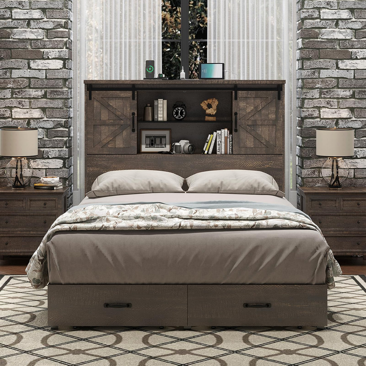 Rustic HOWE Full Size Wood Platform Bed with Bookcase Headboard and Storage Drawers HOWE