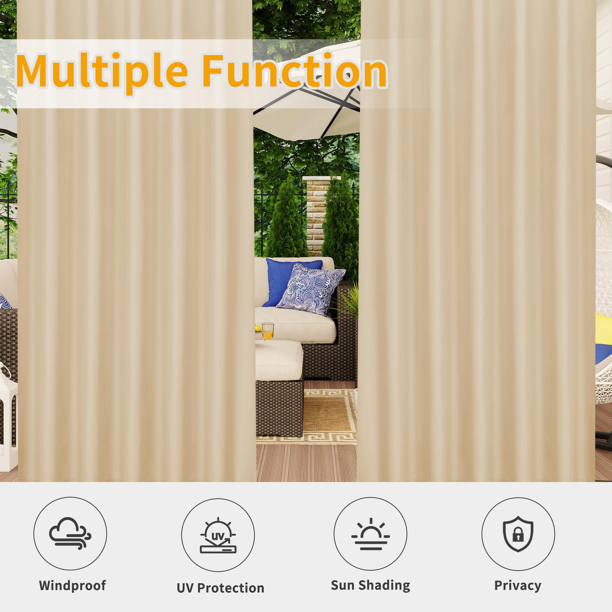 Easy-Going Outdoor Patio Curtains Detachable Tab Top Windproof Weatherproof Curtain for Cabana, Porch, Pergola and Gazebo, Tab Bottom Drape, 2 Panels, 54W x 84L inch, Beige Easy-Going