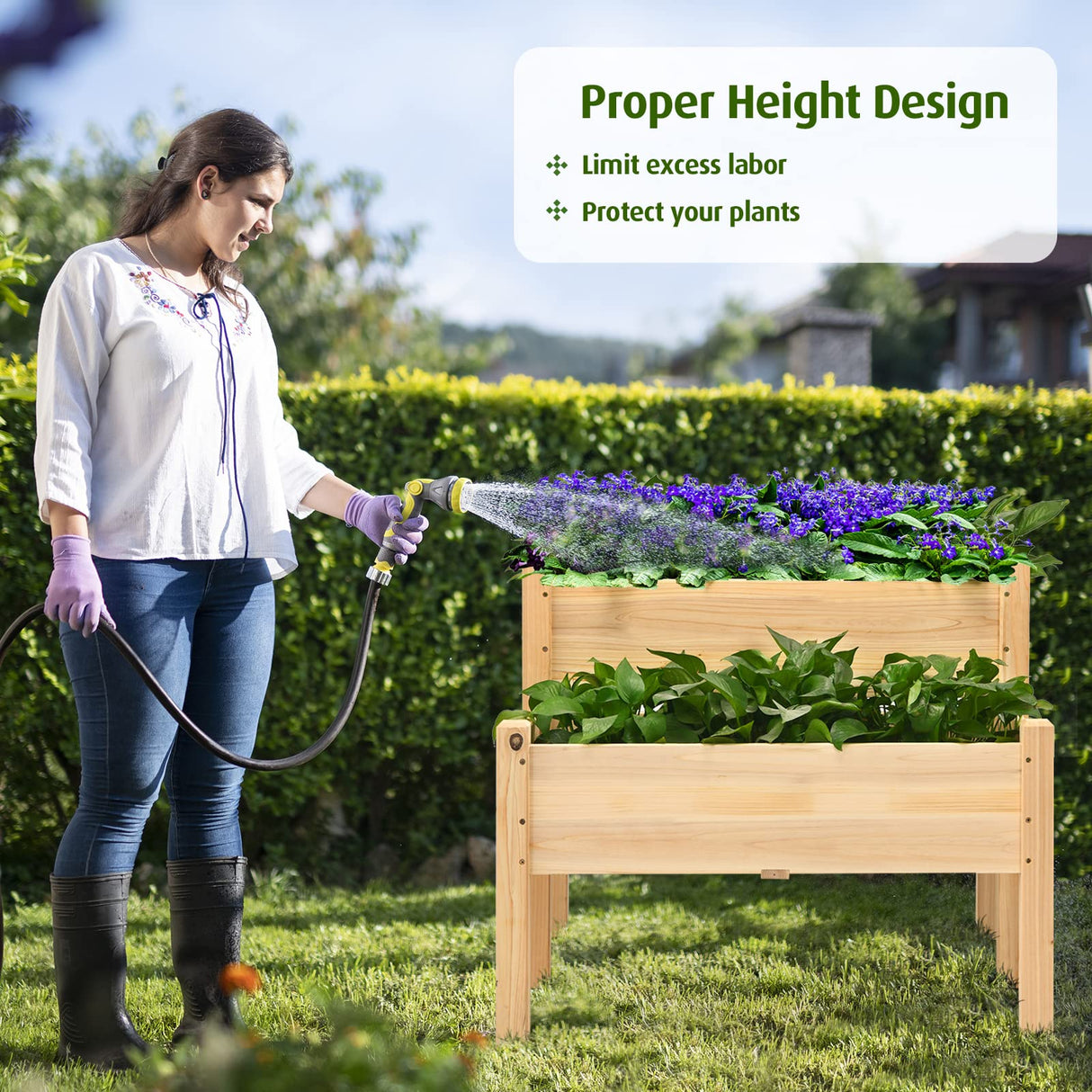RELAX4LIFE 2-Tier Raised Garden Bed - Fir Wood Garden Elevated Planter Box with Legs, 8 Drainage Holes,220 Capacity for Growing Vegetable, Elevated Garden Bed for Outdoor Yard Patio Balcony (Natural) RELAX4LIFE
