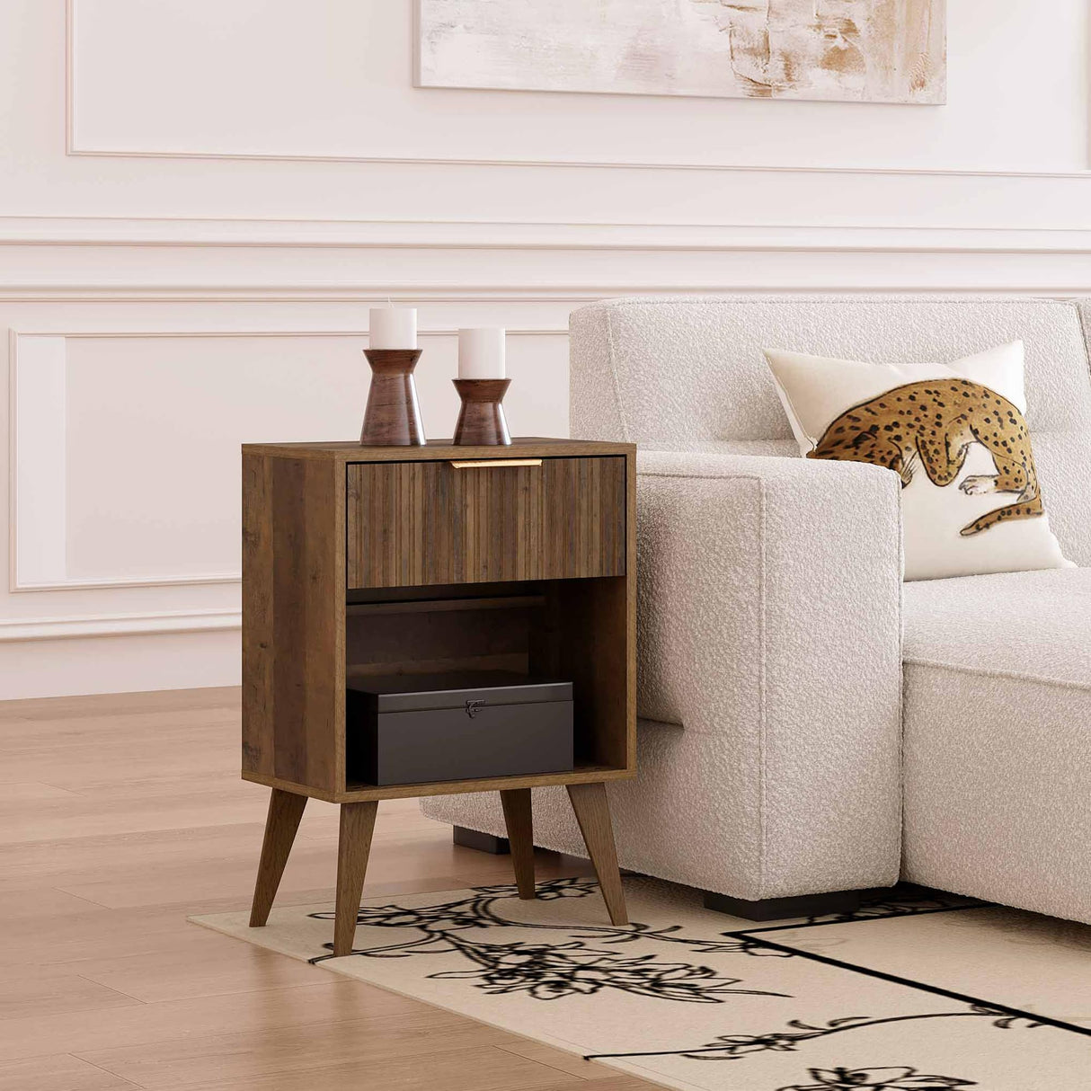 YAUKOMEL Fluted Night Stand with Opening Storage,Mid Century Bedside Table with Drawer,Wood Nightstand with Solid Wood Legs,End Table Side Table for Living Room,Bedroom,Caramel Oak CTG56BR YAUKOMEL