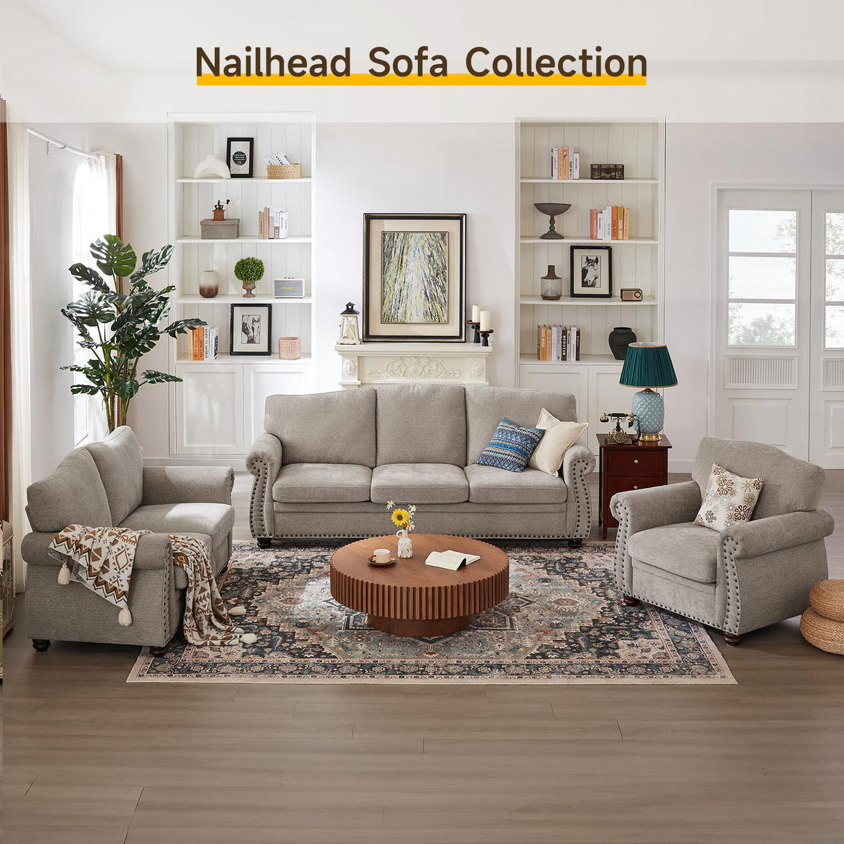 ONBRILL Nailhead Sofa, 66 Inch Small Couch with Rolled Arms, Chenille Fabric Loveseat w/Springs Seat Cushion, Vintage Curved Back, Turned Wood Legs, Comfy Couch for Living Room, Farmhouse, Beige ONBRILL