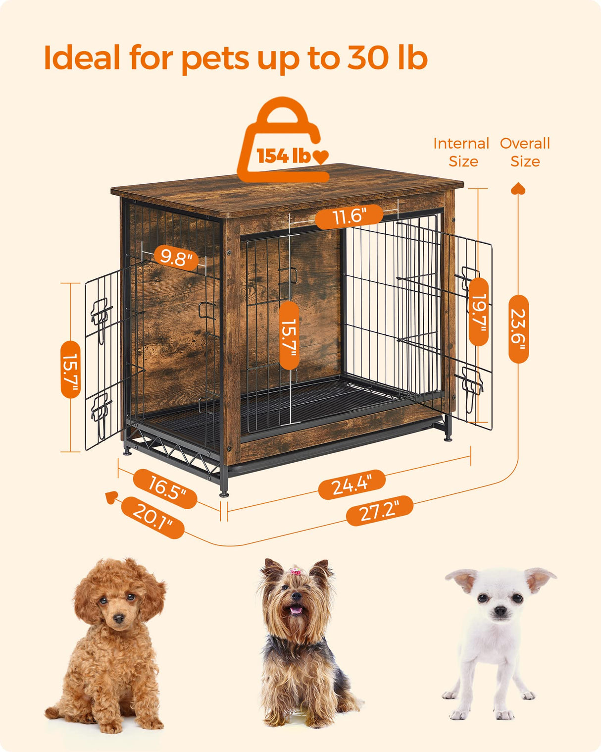 Feandrea Dog Crate Furniture, Side End Table, Modern Kennel for Dogs Indoor up to 30 lb, Heavy-Duty Dog Cage with Multi-Purpose Removable Tray, Double-Door Dog House, Rustic Brown UPFC001X01 Feandrea
