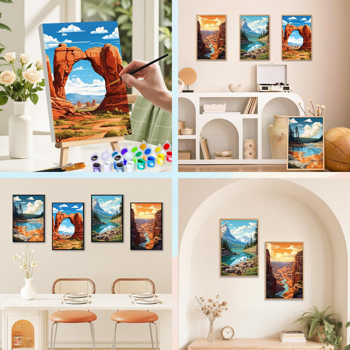 4 Pack Framed Paint by Numbers Kit for Adults with Wooden Easel, National Park Paint by Numbers with Frame for Beginner, Landscape Adult Paints by Number Kits on Canvas Framed for Wall Decor 8 x 12 In Camocin