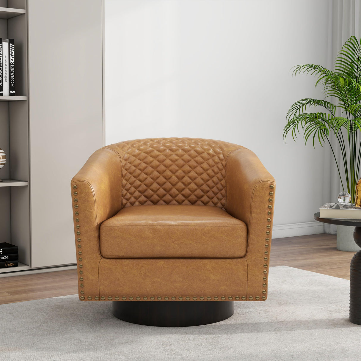 DREAMSIDEA Swivel Barrel Accent Chair, Comfy Modern Upholstered Round Faux Leather Arm Chair for Living Room, Bedroom(Coffee, Set of 2 DREAMSIDEA