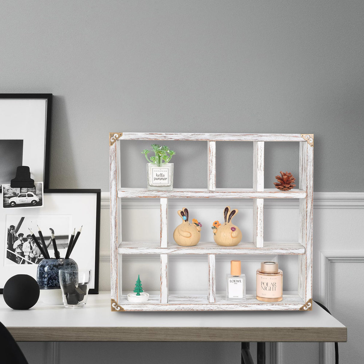 MITREL 17.7x15.7-Inch Shadow Box Shelf 9-Slot Rustic Floating Shelves Larger Wall Mounted Shelf Lightweight Solid Wood Display Shelf Freestanding Farmhouse(9C-Rustic White) MITREL