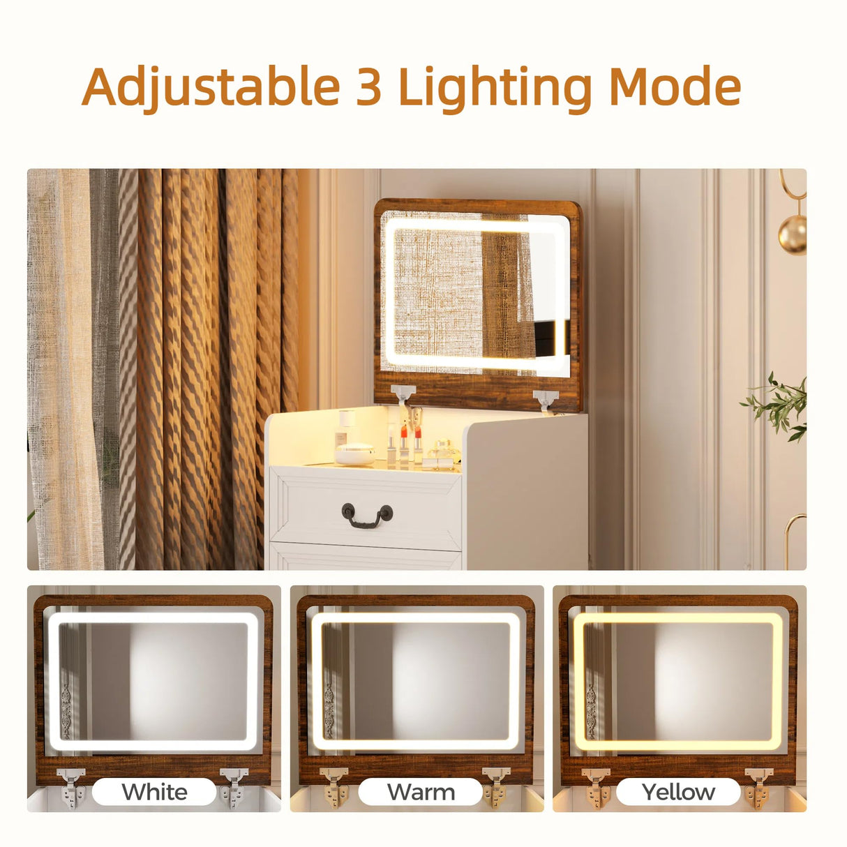 FONTOI Vanity Desk, 3 in 1 Vanity Desk with Hidden Chair, Farmhouse Vanity with Mirror and Lights, Small Makeup Vanity with Charging Station Storage Shelf for Bedroom, White & Brown FONTOI