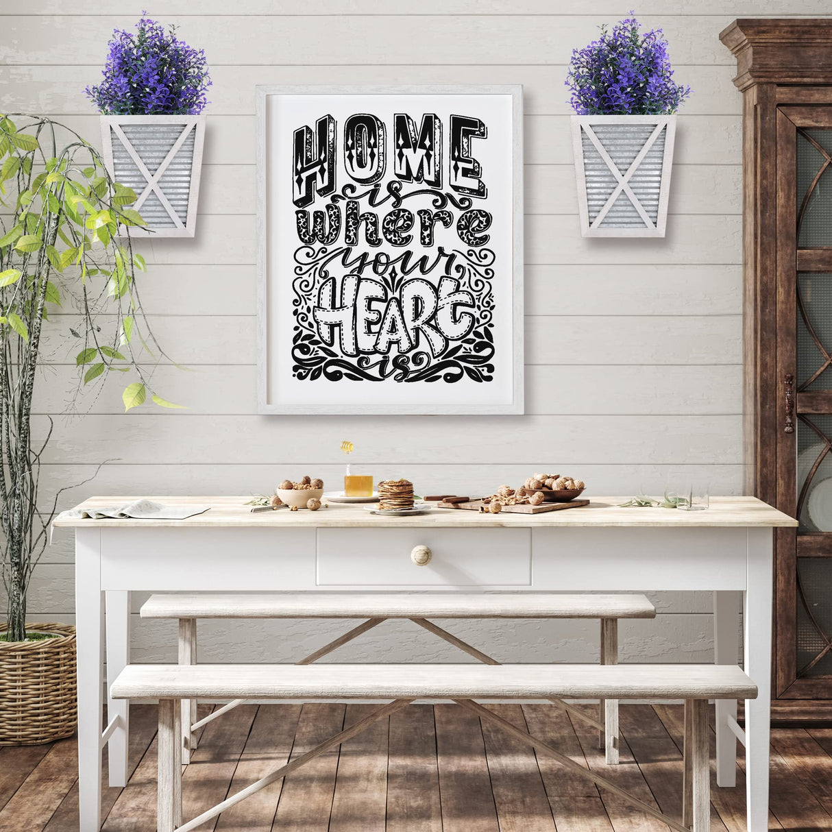 Autumn Alley Large Rustic Farmhouse Wall Planter Set of 2, Farmhouse Decor Wall Hangings for Wall Planter Indoor, Galvanized, Corrugated Metal, Wooden, White - Flowers Not Included Autumn Alley