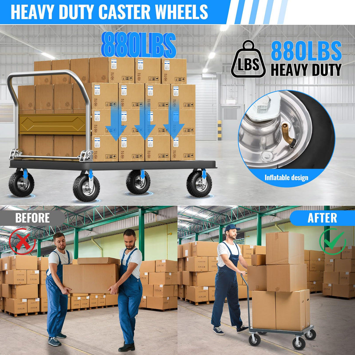 8 Inch Pneumatic Caster Wheels Set of 4 (2 Swivel/2 Rigid),Heavy Duty Casters,Tolerable 880 LBS,Rubber Knobby Tread for Workbench, Cart, Trolley,Wagon and Shelves VELPAX