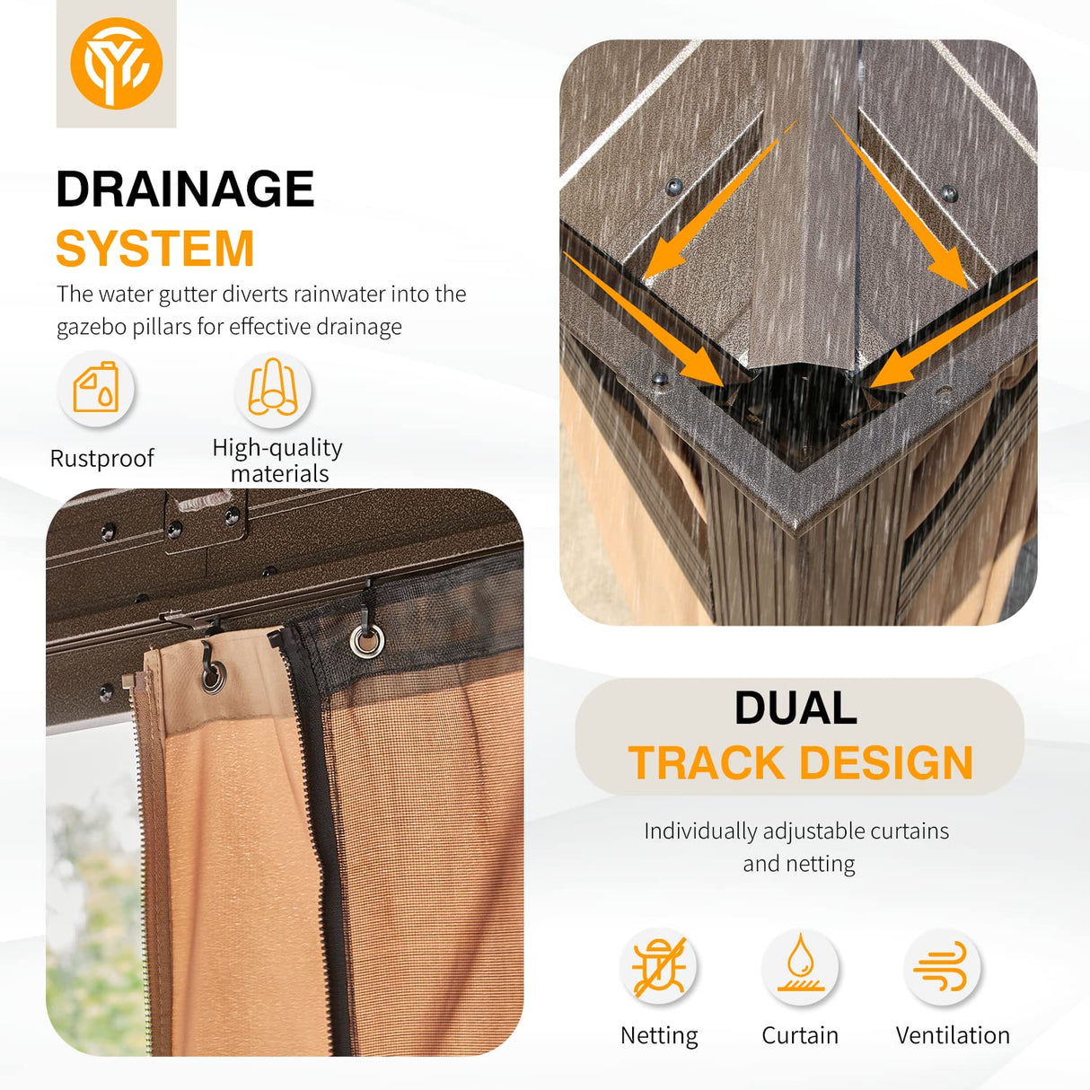 YOLENY 12' x 16' Hardtop Gazebo with Galvanized Steel Double Roof, Pergolas Aluminum Frame, Netting and Curtains Included, Metal Outdoor Gazebos for Garden, Patios, Lawns, Parties YOLENY