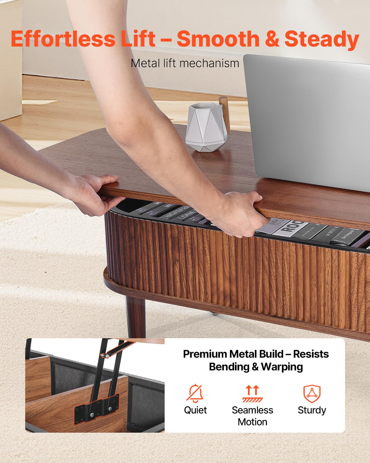 VEVOR Fluted Lift Top Coffee Table, Oval Walnut Coffee Table with 3 Hidden Compartment, Mid Century Modern Wood Center Table with Storage, Lift up Tabletop for Home Living Room Office, Easy Assembly VEVOR