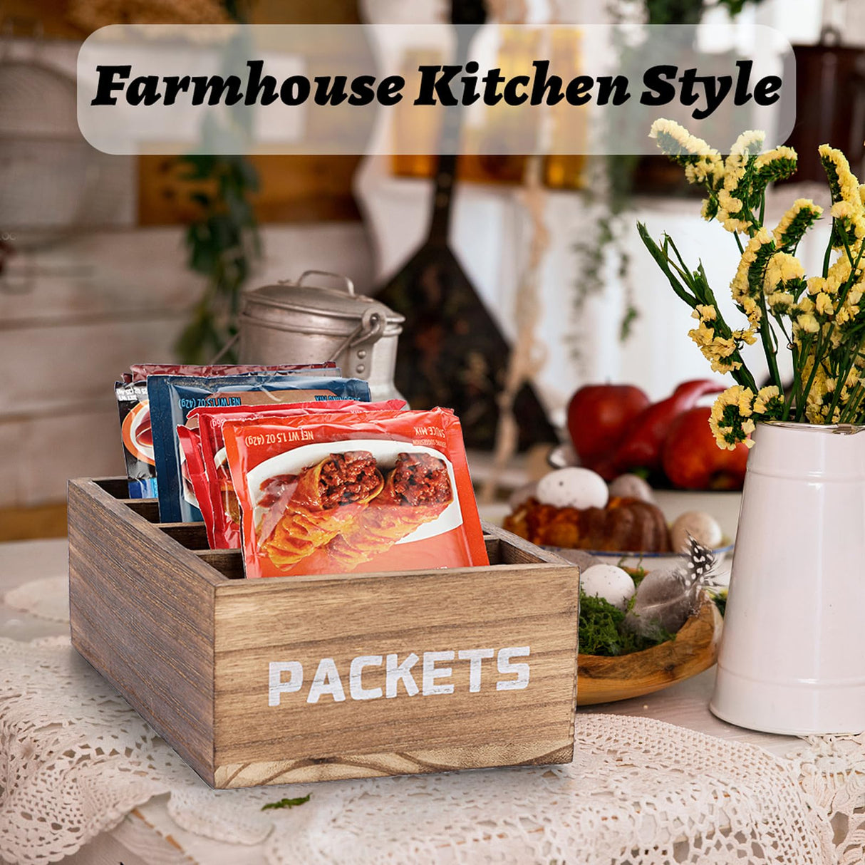 BSTKEY Seasoning Packet Organizer, Food Packet Storage Organizer with 4 Compartments, Wooden Storage Caddy for Kitchen Pantry Cabinet, Farmhouse Kitchen Organization Bins for Snacks Spice Packets BSTKEY