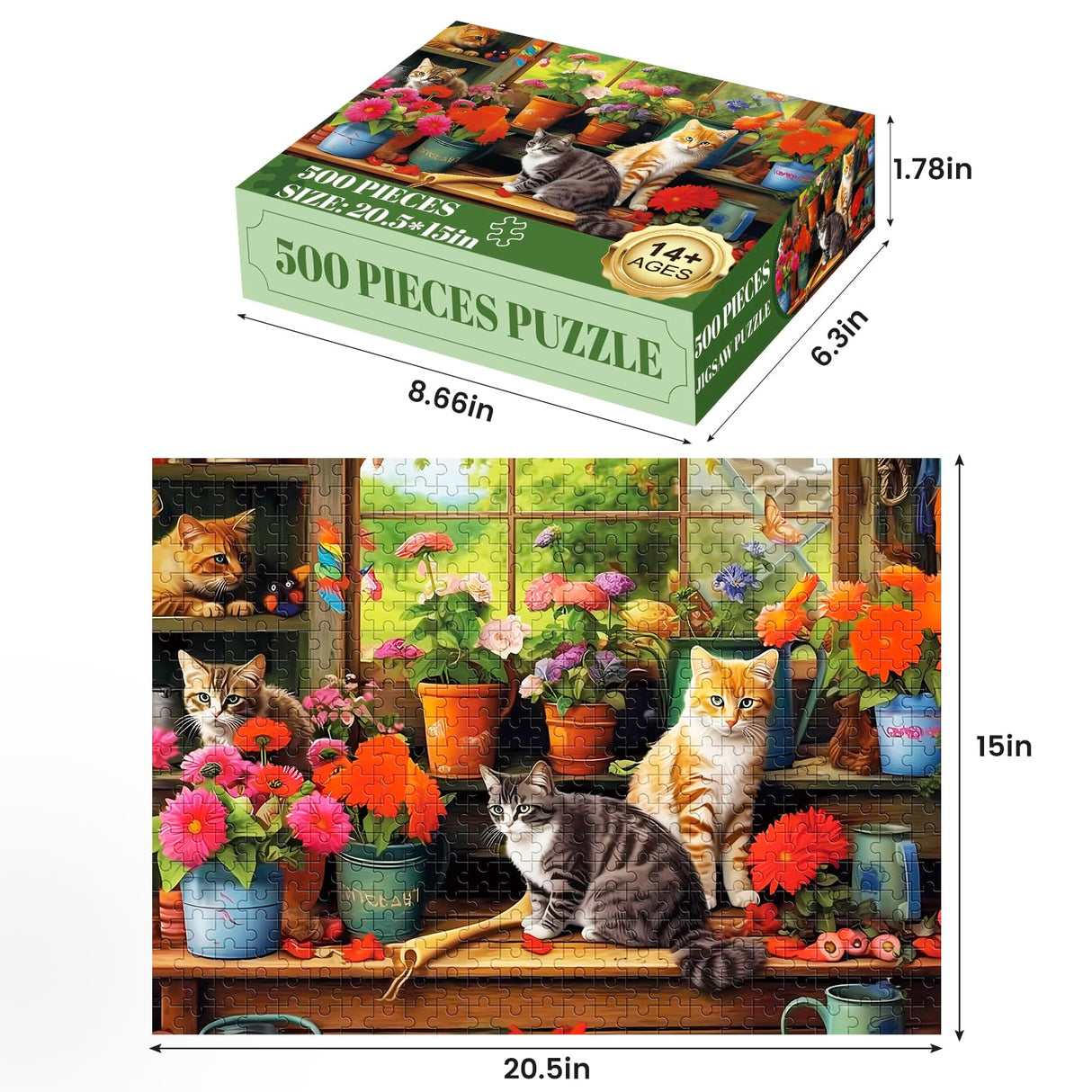500 Piece Puzzle for Adults-Cats and Flowers | Recycled Cardboar Jigsaw Puzzles 500 Pieces | Challenging Family Activity Great Gift Idea for Family Friends | Difficult Puzzles Size 20.5 x 15 inches Edsjegn