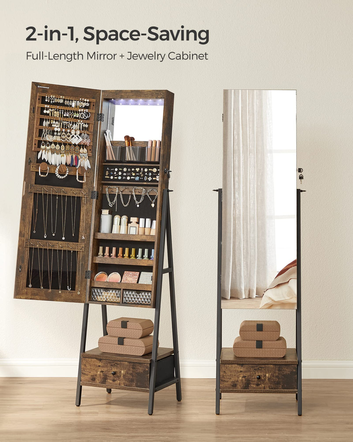SONGMICS LED Cabinet Standing, Lockable Jewelry Armoire with Full-Length Mirror, Space-Saving Jewelry Organizer with Mirror, Bottom Drawer and Shelf, Gift Idea, Rustic Brown UJJC025X01 SONGMICS