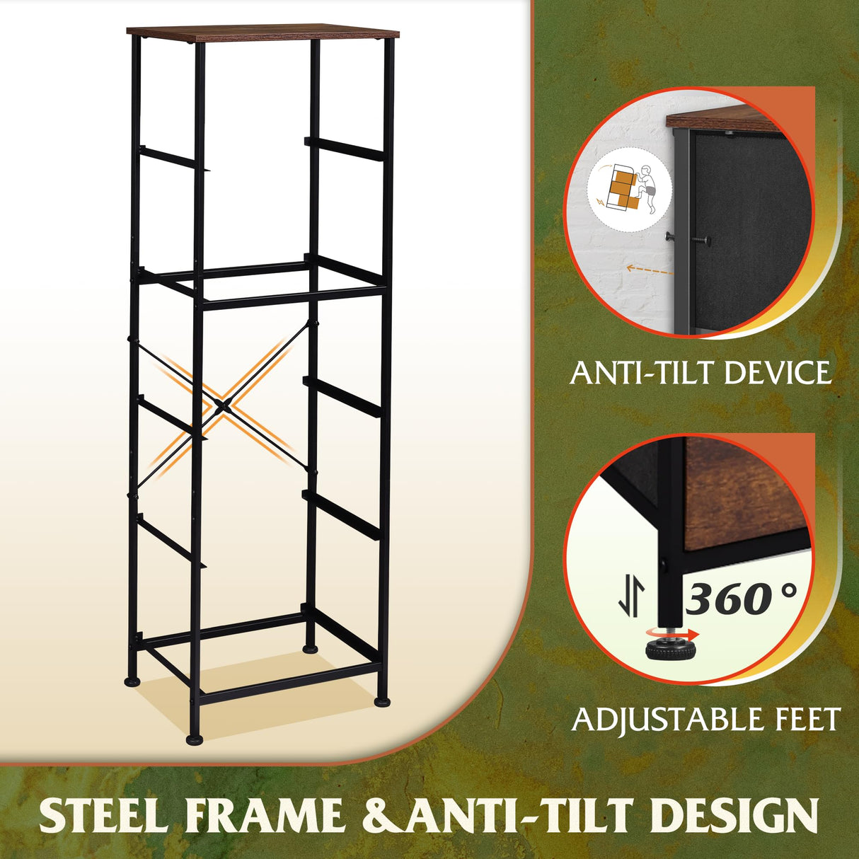 WLIVE Fabric Dresser, 5-Drawer Tall Dresser for Bedroom, Storage Dresser Organizer with Fabric Bins, Wood Top, Sturdy Steel Frame, Chest of Drawers for Closet, Hallway, Rustic Brown Wood Grain Print WLIVE