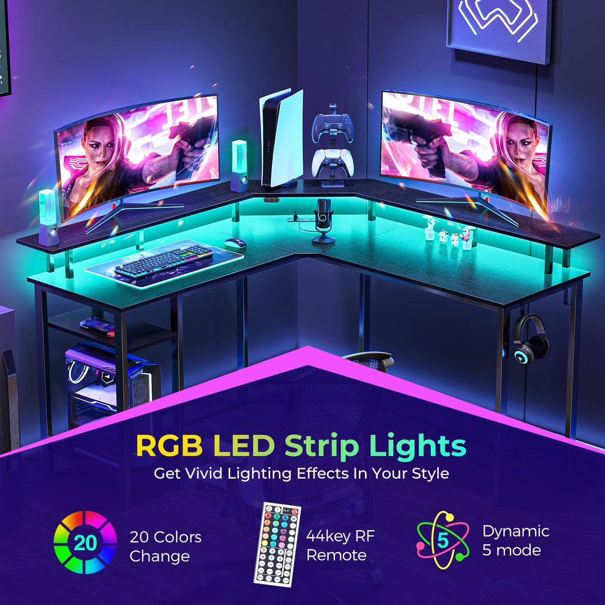 Rolanstar L Shaped Gaming Desk with LED Lights & Power Outlets, 53" Computer Desk with Full Monitor Stand & Storage Shelf, Corner Desk with Hooks, Black Desk Reversible Rolanstar