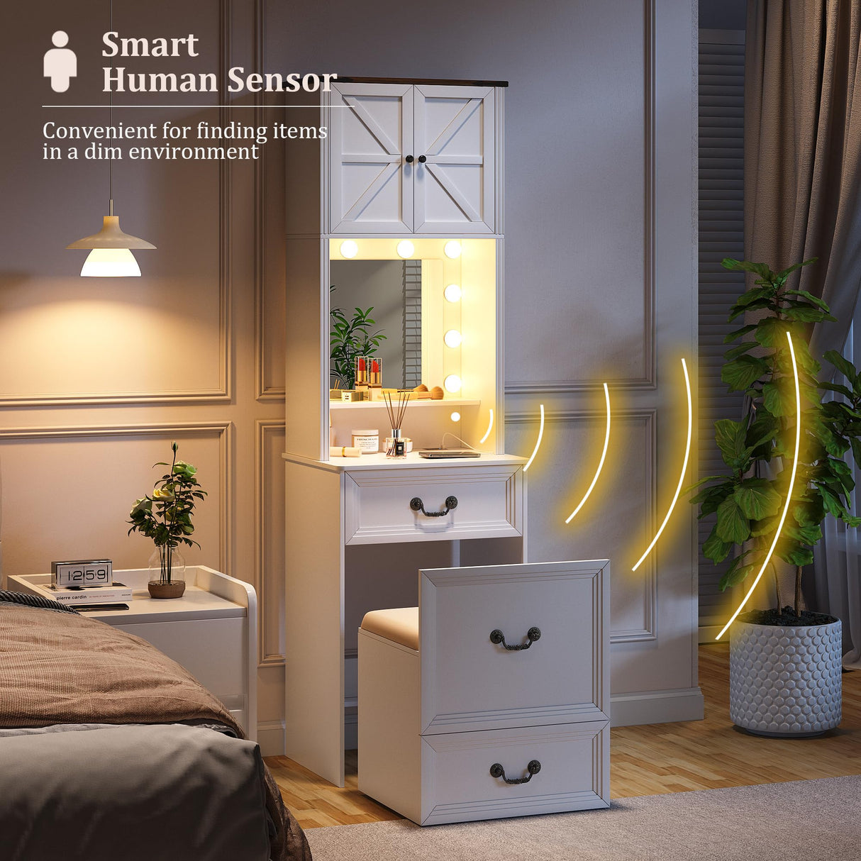 Compact Vanity with Mirror and Lights, Makeup Vanity Desk w/Storage Drawers & Shelves, Farmhouse Vanity Table with Hidden Chair for Bedroom, Dressing Table Gift for Girls Lady TAGELIER