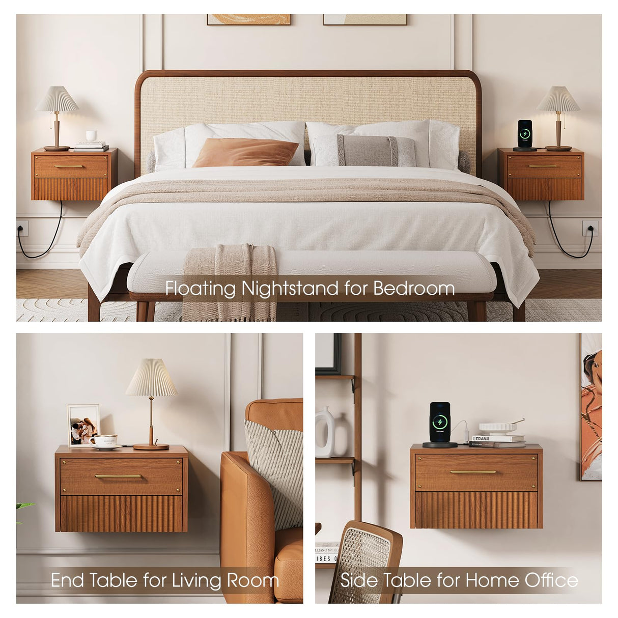 JOINICE Floating Nightstand Set of 2 with Charging Station, Mid Century Modern Wood Wall Mounted Bedside Table with Storage Drawers & Fluted End Table for Bedroom, Home Small Space, Cherry, 2 PCS JOINICE