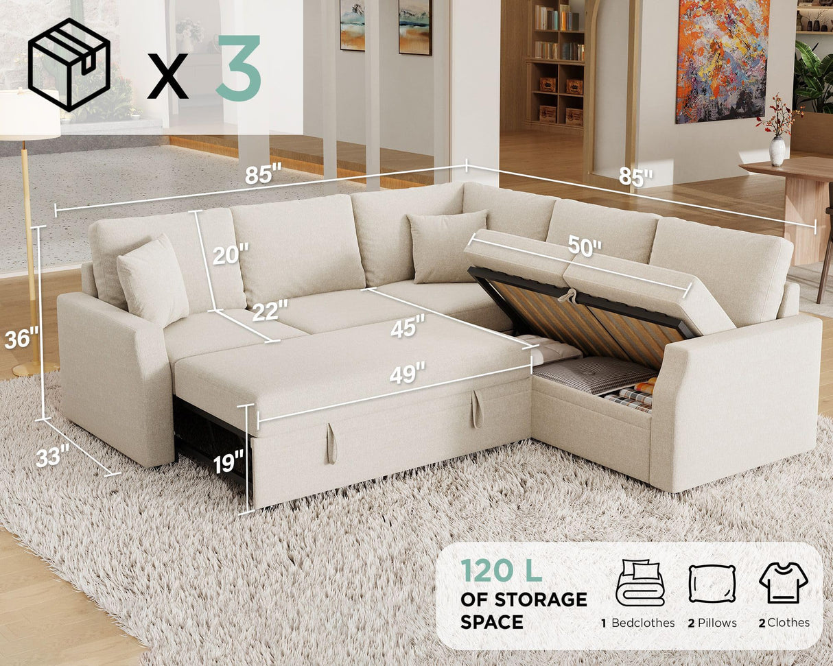 Jocisland Sofa Bed, 85 Inch Sleeper Sofa with Pull Out Bed & Storage Seat, Reversible L Shape Sectional Couch for Living Room Apartment, Beige Linen Oversized Sofa Jocisland