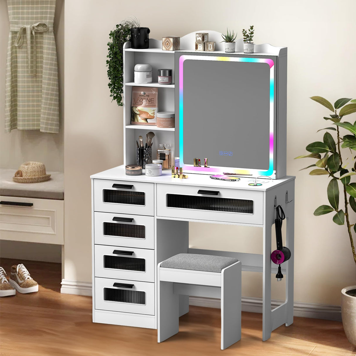 SumKea RGB LED Vanity Desk, Makeup Vanity Table with Mirror and Lights, Vanities Dressing Table with Drawers, Cushioned Stool, White SumKea