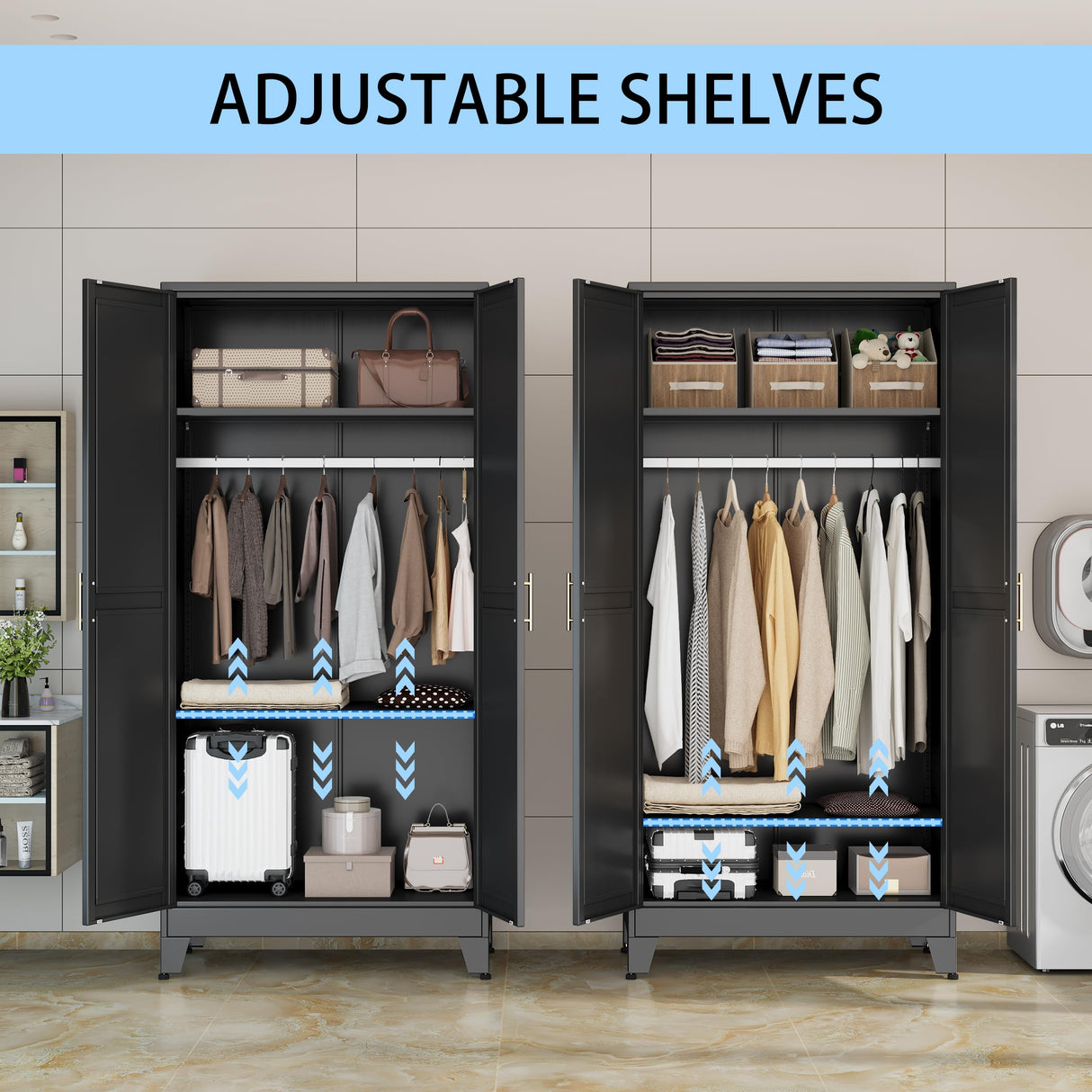 erosoei 71 "Metal Armoire Wardrobe Closet, Steel Clothing Storage Cabinet with Adjustable Shelves and Hanging Rod, Household Steel Wardrobe Storage Cabinet with Adjustable Standing feet(Black) erosoei