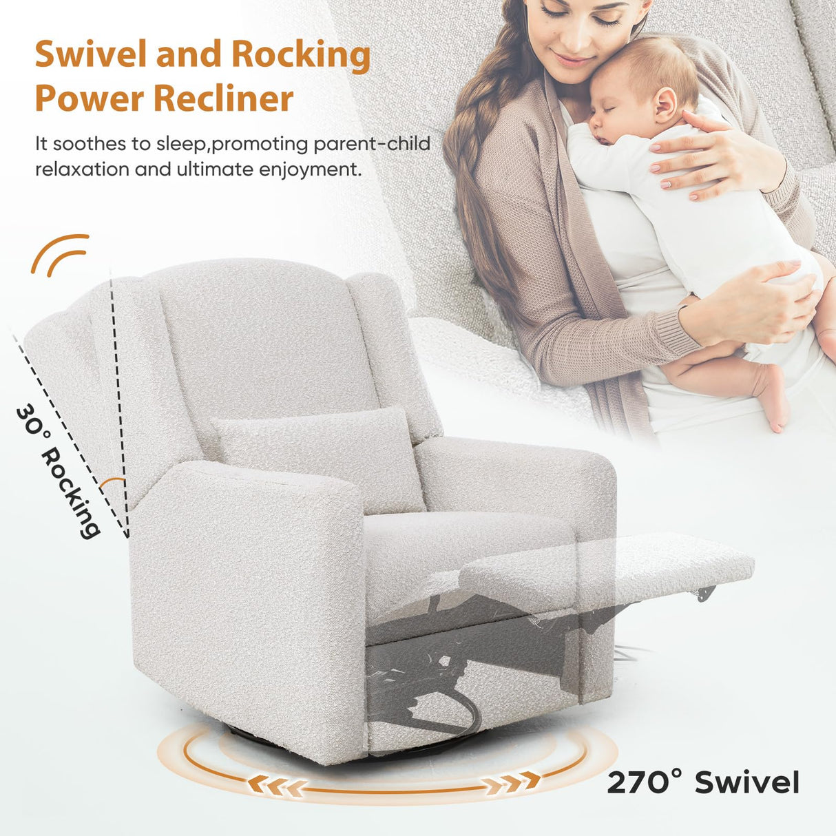SENYUN Power Recliner Chair Swivel Glider, Large Rocker Recliner w/USB Charging Port, Boucle Upholstered Swivel Rocker Glider Recliner for Nursery,Bedroom,Living Room, 1PC, Cream SENYUN